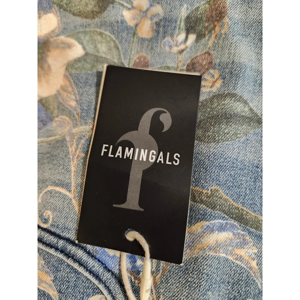 Flamingals Bermuda Shorts Women 2XL Blue Floral Print Stretch Denim High Rise